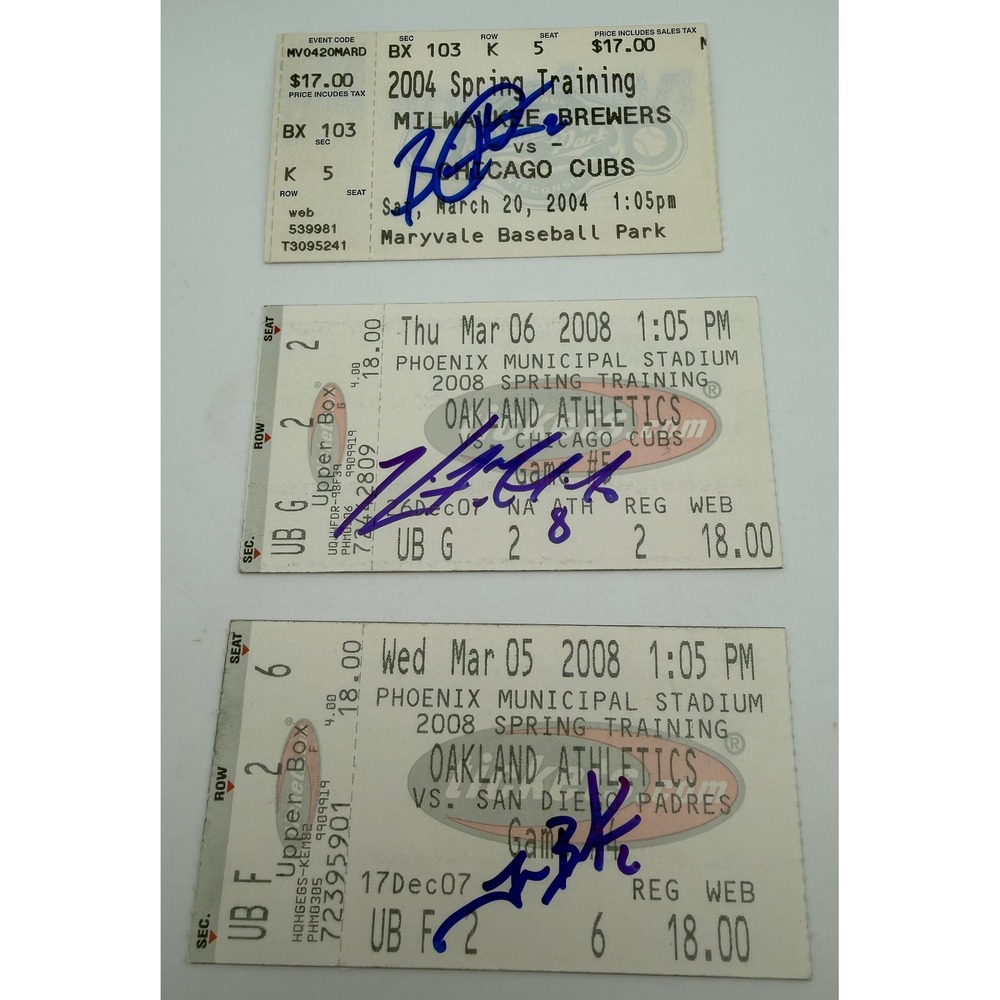 3 Signed MLB Ticket Stubs 2004 2008 Brewers Athletics Cubs Bill Hall Travis Buck